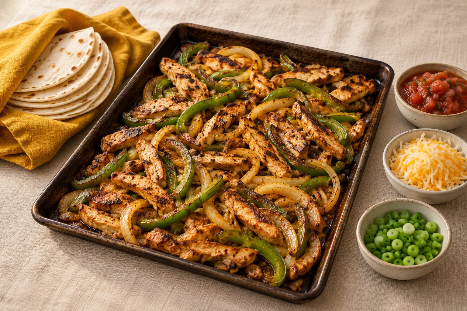 Sheet-pan chicken fajitas with flour tortillas, salsa and cheese