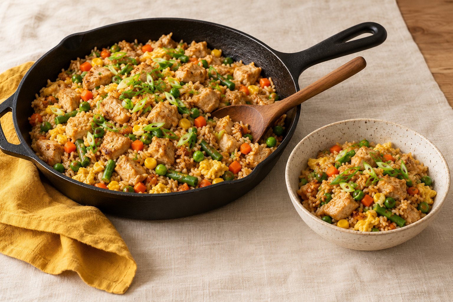 Chicken fried rice in a cast-iron skillet with peas, carrots and egg