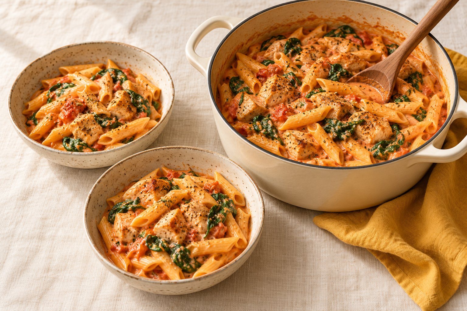 One-pot creamy tomato pasta with chicken and spinach