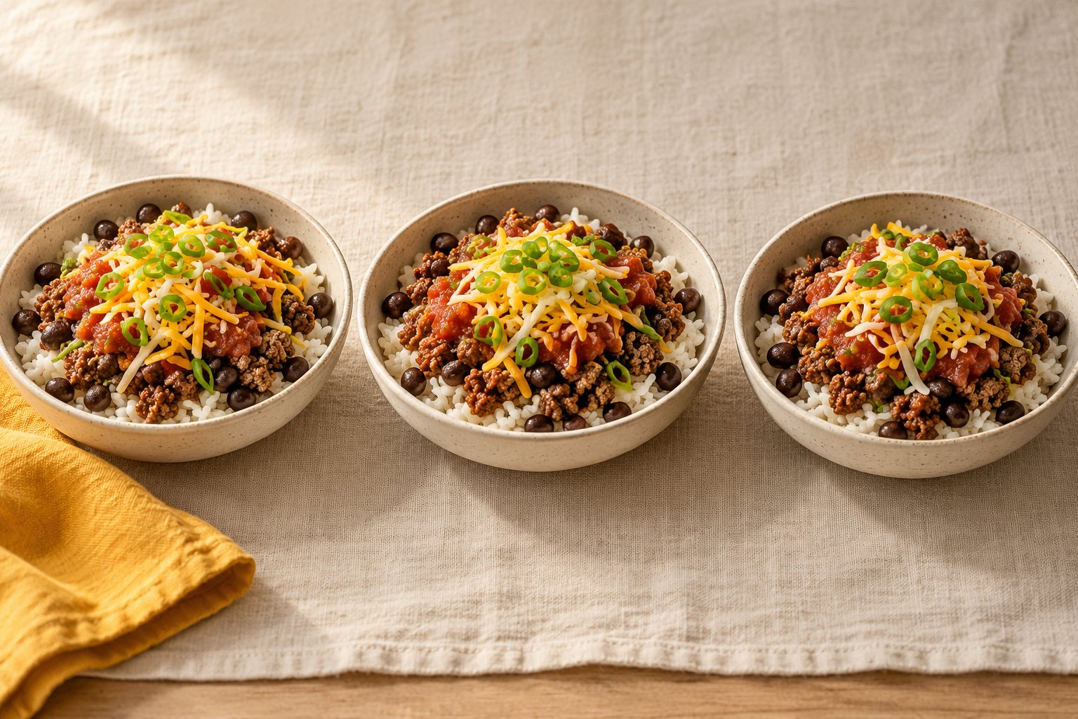 Beef and black bean burrito bowls over rice with cheese and salsa