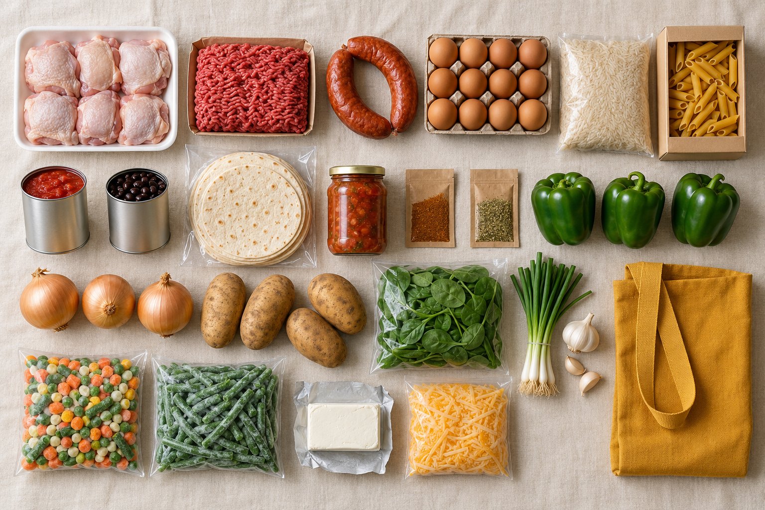 One week of groceries laid out on linen: chicken, beef, sausage, eggs, rice, pasta, cans, tortillas, vegetables and cheese